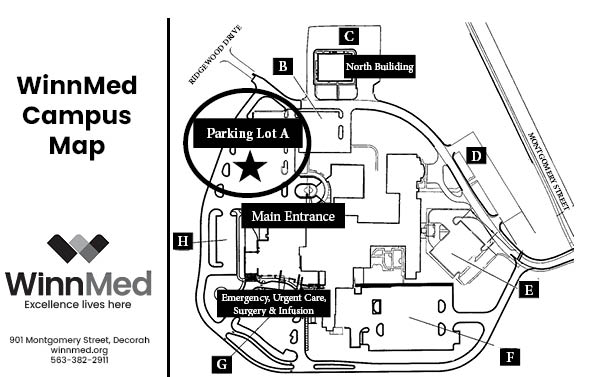 WinnMed校园地图，包括停车场.