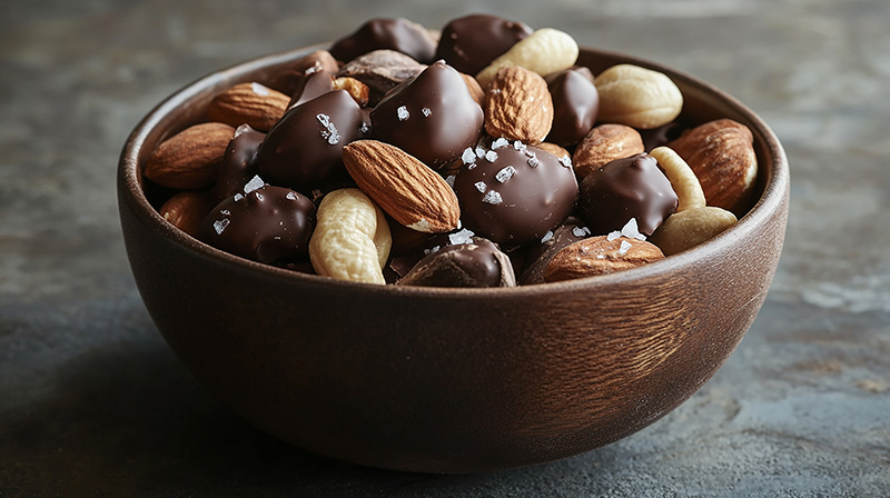 Bowl of chocolates and nuts.